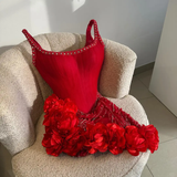 Stunning Sheath Straps Beaded Red Satin Tulle Short Homecoming Dress Cocktail Dress HZ1023