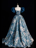 Blue Printed Long Prom Dress A Line Ball Gown Evening Dress HZ1023