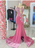 Pink Velvet Applique Beaded Prom Dresses, Sexy Mermaid Slit Evening Dresses HZ1023