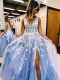 Shiny Blue Tulle Appliques Slit Prom Dress Evening Dress HZ1023