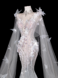 Butterfly Exquisite Flowy Mermaid Beaded Sequin White Tulle Long Prom Dress Party Dress HZ1023