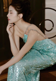 Shiny Blue Sequin One Shoulder Rhinestone Prom Dress Evening Dress Open Back HZ1023