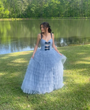 A Line Straps Polka Dots Layered Tulle Long Prom Dress Evening Dress HZ1023