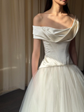 Pretty A Line Off the Shoulder Corset Satin Tulle Long Prom Dress Wedding Dress HZ1023