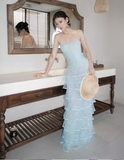 Baby Blue Sheath Strapless Layered Lace Tulle Prom Dress Evening Dress HZ1023