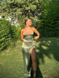 Green Simple A Line Spaghetti Straps Satin Open Back Prom Dress Evening Dress with Slit HZ1023