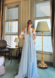 Elegant Baby Blue A Line Off the Shoulder Chiffon Satin Prom Dress Evening Dress Formal Dress HZ1023