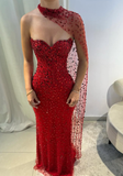 Sexy Red Sheath Strapless Beaded Tulle Prom Dress HZ1023