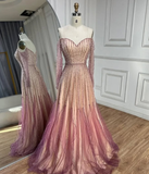 Elegant A Line Sweetheart Neck Long Sleeve Sequins Beads Tulle Prom Dress HZ1023