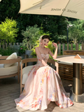 Gentle Pink A Line Spaghetti Strap Print Floral Satin Prom Dress Party Dresses HZ1023