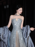 Shiny A Line Strapless Sequin Grey Tulle Satin Long Prom Dress Party Dress HZ1023