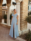 Gentle A Line Ruffle Blue Chiffon Evening Dress Bridesmaid Dress with Slit HZ1023