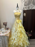 Vintage A Line Strapless Appliques Yellow Satin Organza Prom Dress Evening Dress HZ1023