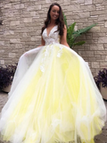 V Neck Open Back Tulle Applique Long Prom Dress HZ1023