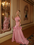 Elegant Mermaid Off the Shoulder Bow Pink Satin Long Prom Dress Evening Dress HZ1023