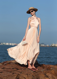 Elegant A Line Halter Pleated Satin Open Back Prom Dress Vacation Dress HZ1023