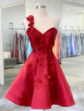 A-Line Backless Homecoming Dresses Red Mini Sleeveless One Shoulder Graduation Dress With Appliques HZ1023