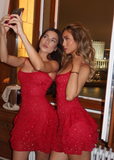 Sexy Red A Line Spaghetti Strap Beaded Ruffle Sequin Homecoming Dress Birthday Dress HZ1023