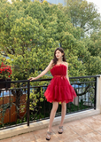 Burgundy A Line Strapless Tulle Short Outfit Party Dress Homecoming Dress Birthday Dress HZ1023