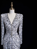 Stunning Sheath V Neck Long Sleeve Sliver Sequin Prom Dress Graduation Prom Dress HZ1023