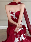Burgundy Mermaid Sweetheart Neck White Applique Tulle Prom Dress Party Dress HZ1023