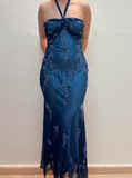 Vintage Mermaid Halter Beaded Navy Blue Chiffon Prom Dress Evening Dress HZ1023