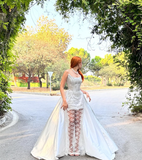 Charming A Line Strapless White Lace Satin Prom Dress Evening Dress HZ1023