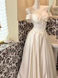 White Classy Ball Gown Off the Shoulder Pearl Satin Long Prom Dress Wedding Dress HZ1023
