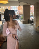 Sexy Pink Long Sequin Birthday Outfits Slit Prom Dress HZ1023