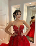 Red Charming Layered Beaded V Neck Satin Long Prom Dress Party Dress with Slit HZ1023