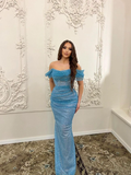 Gentle Blue Sheath Off the Shoulder Sequin Long Prom Dress Evening Dress HZ1023