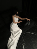 Elegant White Sheath Straps Satin Long Prom Dress Formal Gown Wedding Dress HZ1023