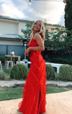 Red Ruffles Long Formal Dress Elegant Evening Dress HZ1023