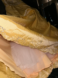 Gentle A Line Strapless Beaded Sequin Yellow Satin Long Prom Dress Party Dress HZ1023