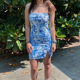 Strapless Blue Print Bodycon Prom Dress Homecoming Dress HZ1023