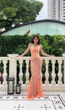 Elegant Mermaid Spaghetti Strap Orange Lace Long Prom Dress HZ1023