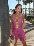 Shiny A Line Straps Tiered Hot Pink Sequin Short Homecoming Dress Outfits HZ1023