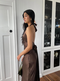 Simple A Line Halter Brown Satin Open Back Evening Dress Party Dress HZ1023