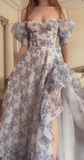 Blue Chiffon Floral Off The Shoulder Prom Dress Slit Evening Gown HZ1023
