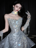 Silver Sequin Shiny Ball Gown Strapless Long Sweep Prom Dress Evening Dress Party Dress HZ1023