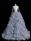 Unique A Line Long Sleeve Flower Tiered Tulle Long Party Dress Evening Dress Ball Gown HZ1023