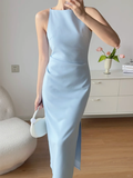 Baby Blue Sheath Round Neck Satin Prom Dress Evening Dress Party Dress HZ1023