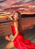 Red Mermaid Spaghetti Strap Ruffle Satin Open Back Prom Dress Vacation Dress with Slit HZ1023