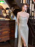 Shiny A Line Sweetheart Neck Silver Sequin Prom Dress Evening Dress with Slit HZ1023
