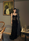 Sexy Black Sheath Straps Lace Chiffon Long Prom Dress Evening Dress HZ1023