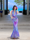 Two Piece Mermaid Halter Purple Print Floral Chiffon Long Prom Dress Outfits HZ1023