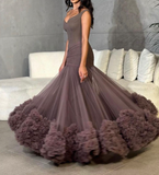 Brown Mermaid V Neck Tulle Long Prom Dress Evening Dress HZ1023