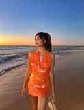 Sexy Sheath Halter Orange Sequin Backless Short Homecoming Dress Evening Dress HZ1023