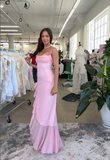 Pink Mermaid Spaghetti Strap Sequin Ruffle Long Prom Dress 16th Birthday Dress with Slit HZ1023