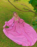 Pink A Line Long Sleeve Satin Long Prom Dress Evening Dress with Slit HZ1023